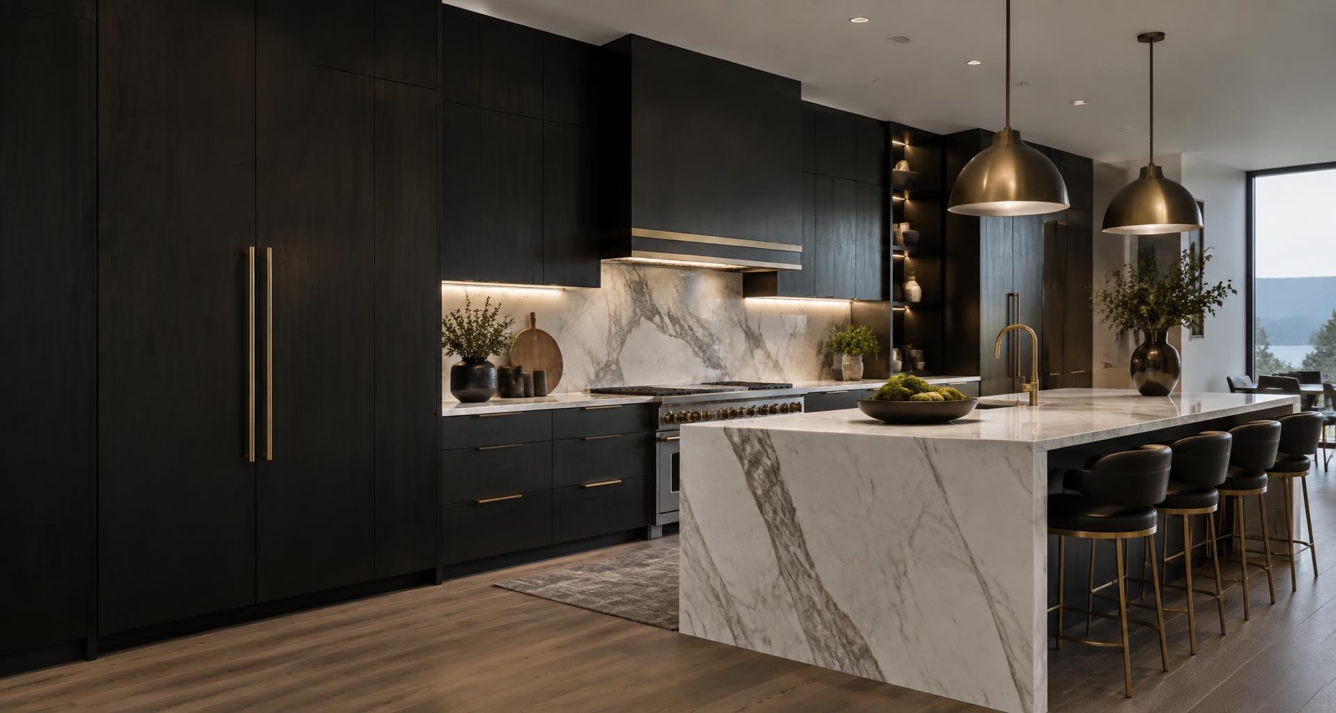 Luxury modern kitchen with dark cabinetry, a marble island, and warm pendant lighting